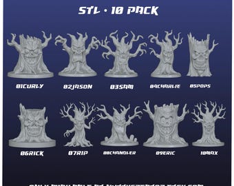 May include: A collection of ten gray, 3D-printed Halloween Creepy Trees, each with a unique, ghoulish face carved into the trunk. The text "HALLOWEEN CREEPY TREES STL - 10 PACK" is at the top. The Etsy shop name is at the bottom.