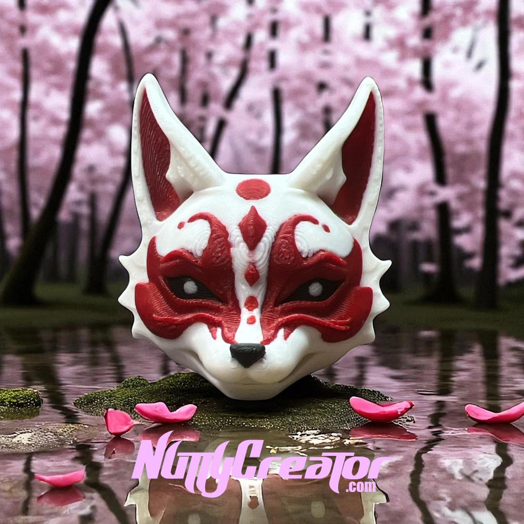 Japanese Kitsune Mask Keychain, Yokai, Mischievous Fox, Red, Black