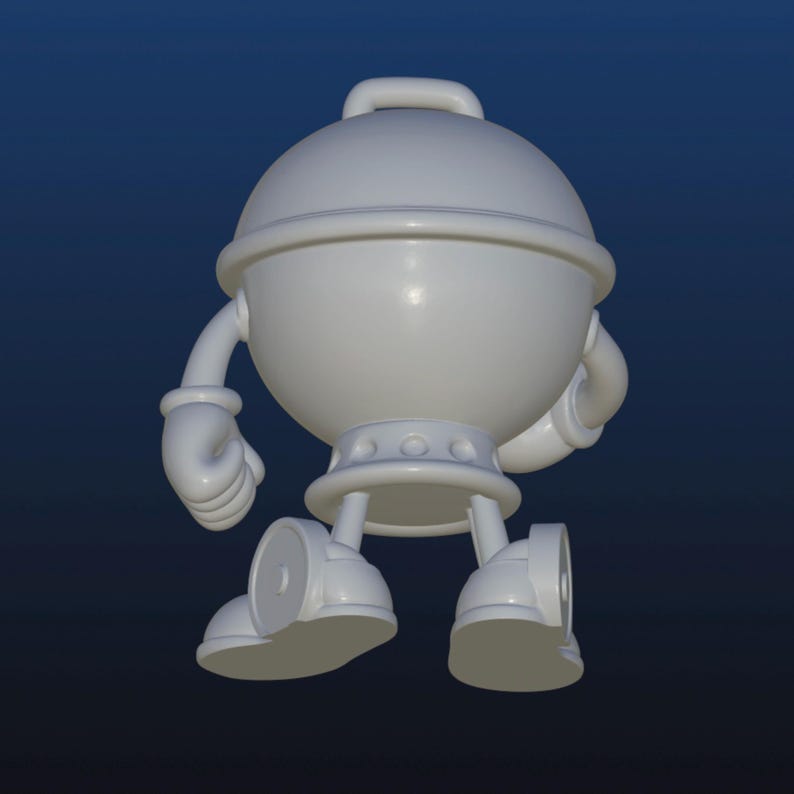 Puede incluir: Un personaje de dibujos animados blanco renderizado en 3D que se asemeja a una parrilla de caldera. El personaje tiene un cuerpo redondo, un asa en la parte superior y brazos y piernas con guantes y zapatos. El fondo es un degradado azul oscuro.