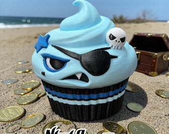 Cute cupcake container with eyepatch, 3D printed novelty storage, colorful design, top unscrews to hide knickknacks, pirate theme, gift idea