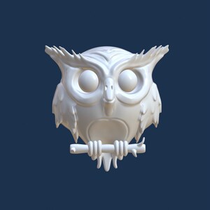 May include: A white owl sculpture with large, round eyes and a detailed feather design. The owl is perched on a branch, and the sculpture has a smooth, glossy finish. The background is a solid, dark blue.