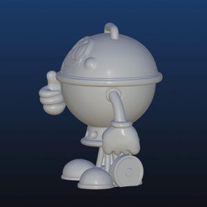 Puede incluir: Un personaje de dibujos animados 3D blanco con un cuerpo redondo, brazos y piernas. El personaje tiene una cara sonriente, un gesto de pulgar hacia arriba y un asa en la parte superior. Las piernas son redondeadas y los pies planos.