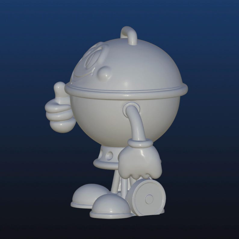 Puede incluir: Un personaje de dibujos animados 3D blanco con un cuerpo redondo, brazos y piernas. El personaje tiene una cara sonriente, un gesto de pulgar hacia arriba y un asa en la parte superior. Las piernas son redondeadas y los pies planos.