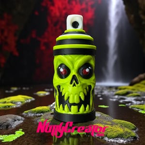 May include: A neon green spray paint can with a skull design, black accents, and red eyes. The can has a white nozzle and the text "NiftyCreator.com" in pink. The can is sitting in water with moss.