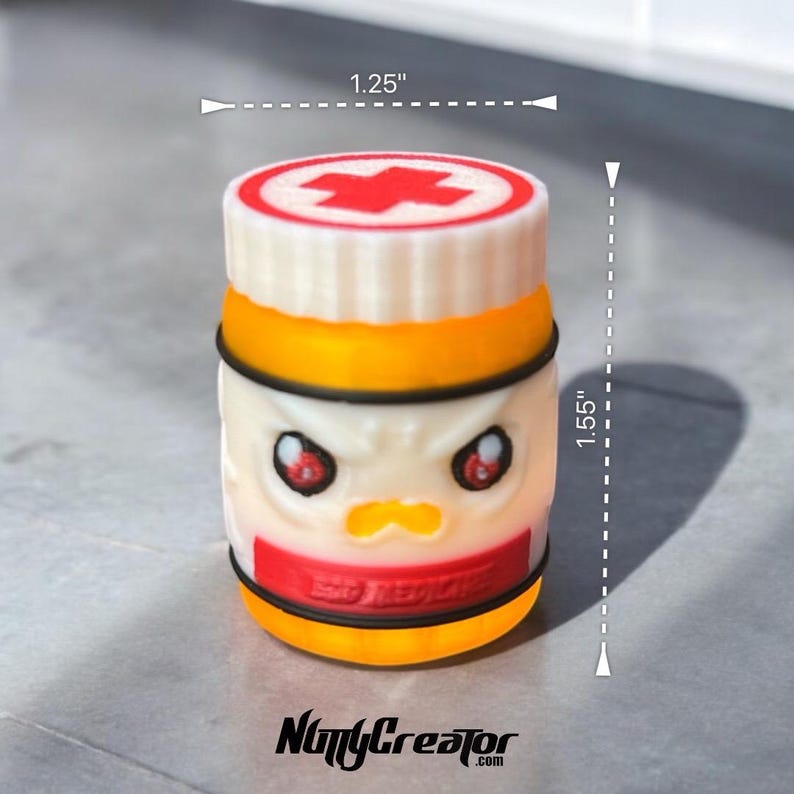 Bad Medicine, Mini Keychain Container, 3D Printed Keychain with clasp and key ring. Cute, Angry container for your items, original design image 2