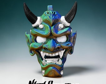 Japanese Hannya Mask Keychain, 3D Printed Folklore Accessory, Tricolor Filament Blue Green Rust