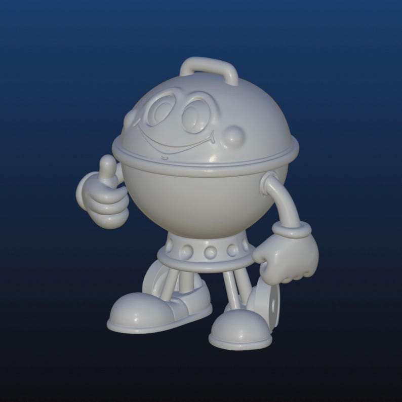 Puede incluir: Un personaje de dibujos animados renderizado en 3D de una parrilla con una cara sonriente, un pulgar hacia arriba y brazos y piernas. El personaje es de color gris claro sobre un fondo azul oscuro. La parrilla tiene un asa en la parte superior y una banda decorativa en el medio.