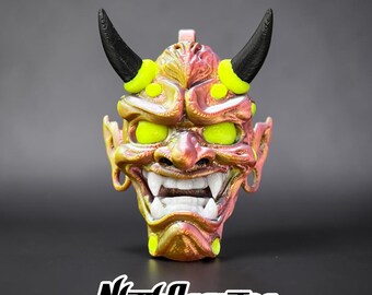Japanese Inspired Mini Hannya Mask Keychain, 2.5" Folklore Accessory, 3D Printed, red, gold, silver tricolor filament.