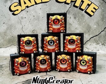 SAND-SPITE, 40mm box clicker, 3D Printed, Organic embossed texture, creepy cute creature with glass eye. choose eye color option.