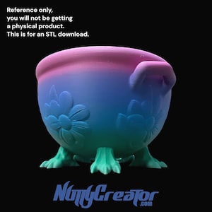 May include: A 3D-printed decorative pot with a gradient of pink, blue, and green. The pot features floral designs and is supported by three claw-like feet. The text "NomyCreator.com" is at the bottom. The image text says "Reference only, you will not be getting a physical product. This is for an STL download."