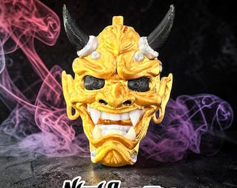 Japanese Inspired Mini Hannya Mask Keychain, 2.5" Folklore Accessory, 3D Printed, silk gold filament