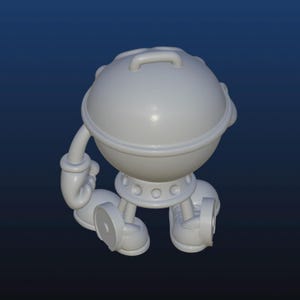 Puede incluir: Un personaje de dibujos animados blanco renderizado en 3D que se asemeja a una parrilla. El personaje tiene un cuerpo redondo con un asa en la parte superior, brazos con manos enguantadas y pies con zapatos. El fondo es un degradado de azul oscuro.