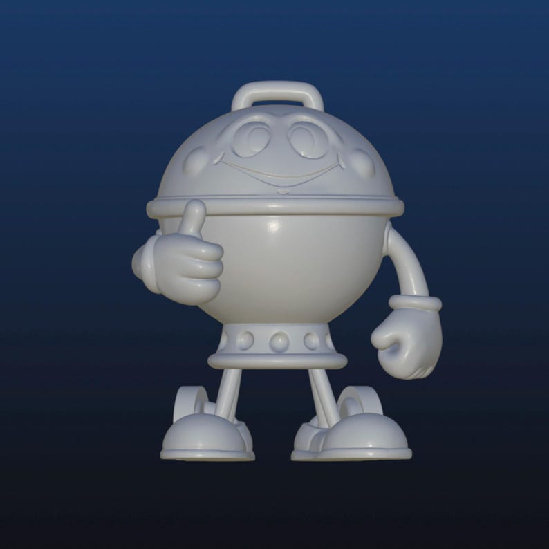 Puede incluir: Un personaje de dibujos animados blanco renderizado en 3D que se asemeja a una parrilla. Tiene un cuerpo redondo con un asa, una cara sonriente y brazos con guantes. El personaje hace un gesto de pulgar hacia arriba con una mano.