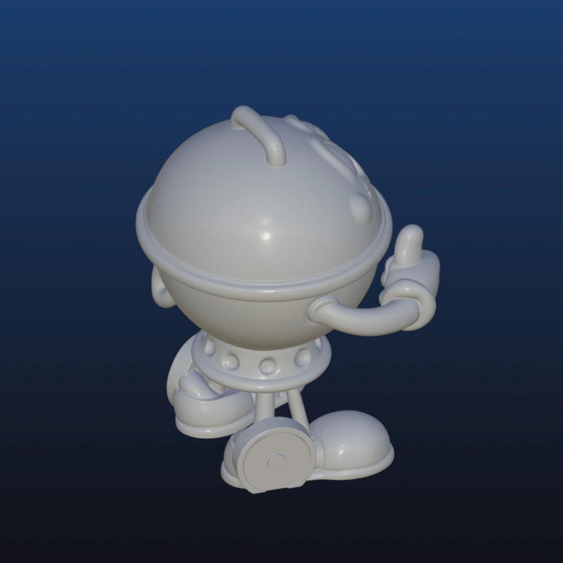 Puede incluir: Un personaje de dibujos animados blanco renderizado en 3D, con una cabeza redonda, un asa en la parte superior y un gesto de pulgar hacia arriba. El personaje tiene un cuerpo circular con un detalle de cintur&oacute;n y piernas y pies peque&ntilde;os. El fondo es un degradado azul oscuro.