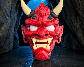 Mini Hannya Mask Keychain - Japanese inspired Oni Demon Charm, 3D Printed, 2.5" Folklore Accessory, Red
