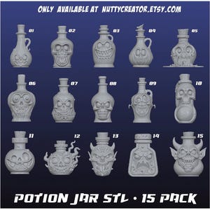 Può includere: Una collezione di 15 file STL di vasetti di pozioni, ognuno con un design unico e spettrale. I vasetti presentano vari volti, teschi e altri dettagli inquietanti. Il testo "POTION JAR STL • 15 PACK" è visibile.