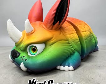 Test Print, Grumble BUN articulate Rhino Bunny, Rainbow Filament, 6 inches long, Minor defect, original design. Please read description.