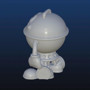 Puede incluir: Un personaje de dibujos animados blanco, renderizado en 3D, con una cabeza y un cuerpo esf&eacute;ricos. Tiene un asa en la parte superior, una banda circular en el medio y pies peque&ntilde;os y redondos. Los brazos del personaje terminan en manos enguantadas, y se encuentra sobre un fondo azul oscuro.
