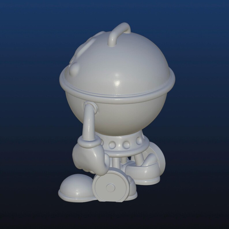 Puede incluir: Un personaje de dibujos animados blanco, renderizado en 3D, con una cabeza y un cuerpo esf&eacute;ricos. Tiene un asa en la parte superior, una banda circular en el medio y pies peque&ntilde;os y redondos. Los brazos del personaje terminan en manos enguantadas, y se encuentra sobre un fondo azul oscuro.