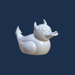 May include: White rubber duck with a devilish design, featuring horns and a tail. The duck has a single eye and a closed mouth.