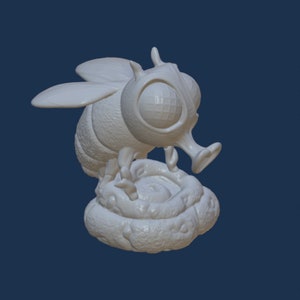 May include: A white 3D printed figurine of a cartoon bee with large eyes and a stinger. The bee is standing on a honeycomb.