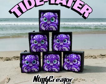 TIDE-TATER, 40mm box clicker, 3D Printed, Cobble stone embossed texture box, creepy cute octopus with 6mm glass eyes. choose eye option.