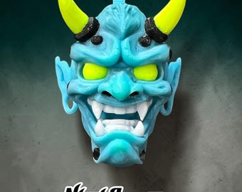 Japanese Inspired Mini Hannya Mask Keychain, 2.5" Folklore Accessory, 3D Printed, original design, blue, neon yellow