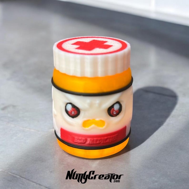 Bad Medicine, Mini Keychain Container, 3D Printed Keychain with clasp and key ring. Cute, Angry container for your items, original design image 1