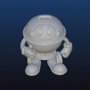 Puede incluir: Un personaje de dibujos animados renderizado en 3D que se asemeja a una parrilla. La figura es de color gris claro, con una cabeza redonda, una cara sonriente y brazos y piernas. Hace un gesto de pulgar hacia arriba con la mano izquierda. El fondo es un degradado de azul oscuro.