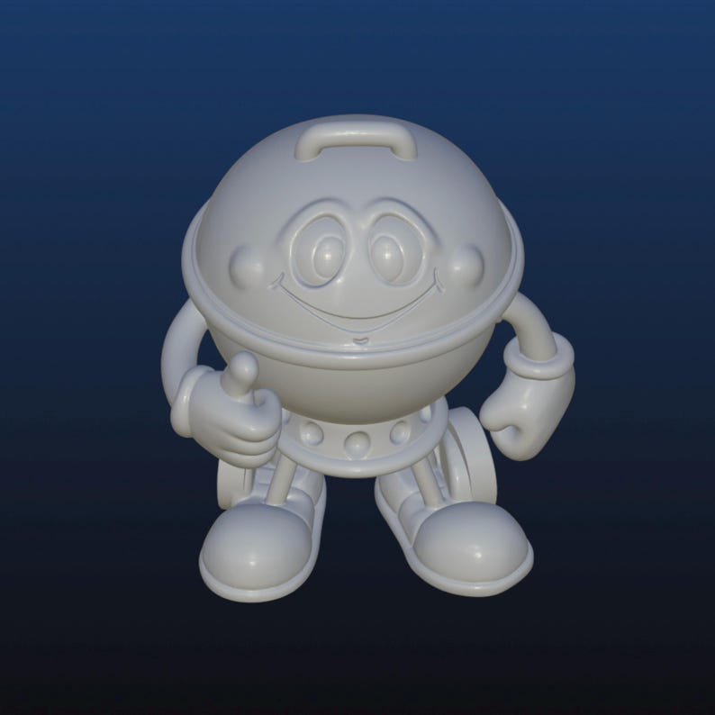 Puede incluir: Un personaje de dibujos animados renderizado en 3D que se asemeja a una parrilla. La figura es de color gris claro, con una cabeza redonda, una cara sonriente y brazos y piernas. Hace un gesto de pulgar hacia arriba con la mano izquierda. El fondo es un degradado de azul oscuro.