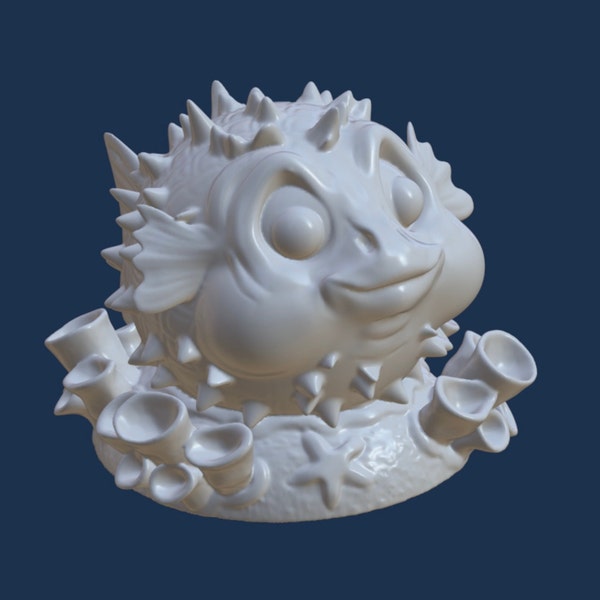 Cute Blowfish, Blowfish sitting in coral with starfish, 3D, STL digital file for 3D printing, Original design