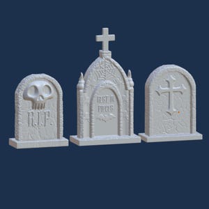 Grafsteen STL, set van 3, 3D digitaal bestand voor 3D-printen, 3 grafstenen, Halloween-rekwisiet, spinnenweb, schedel, kruis, origineel ontwerp