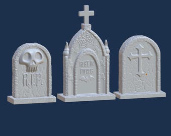 Lápida STL, paquete de 3, archivo digital 3D para impresión 3D, 3 lápidas, accesorio de Halloween, telaraña, calavera, cruz, diseño original
