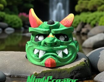 Oni Mask Keychain – Japanese Demon Charm in Silk Green | Yokai Flair for Keys, Bags, Backpacks