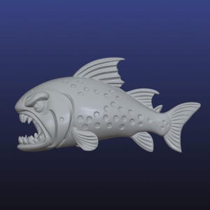 May include: A 3D-rendered, gray fish sculpture with an aggressive expression. The fish has sharp teeth, visible gills, and a series of circular indentations along its body. The fins are detailed, and the background is a gradient of dark blue.