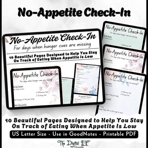 May include: Digital printable PDF titled "No-Appetite Check-In" with the text "For days when hunger cues are missing." The image shows multiple digital pages with floral accents, designed to help track eating when appetite is low. Includes US Letter size.