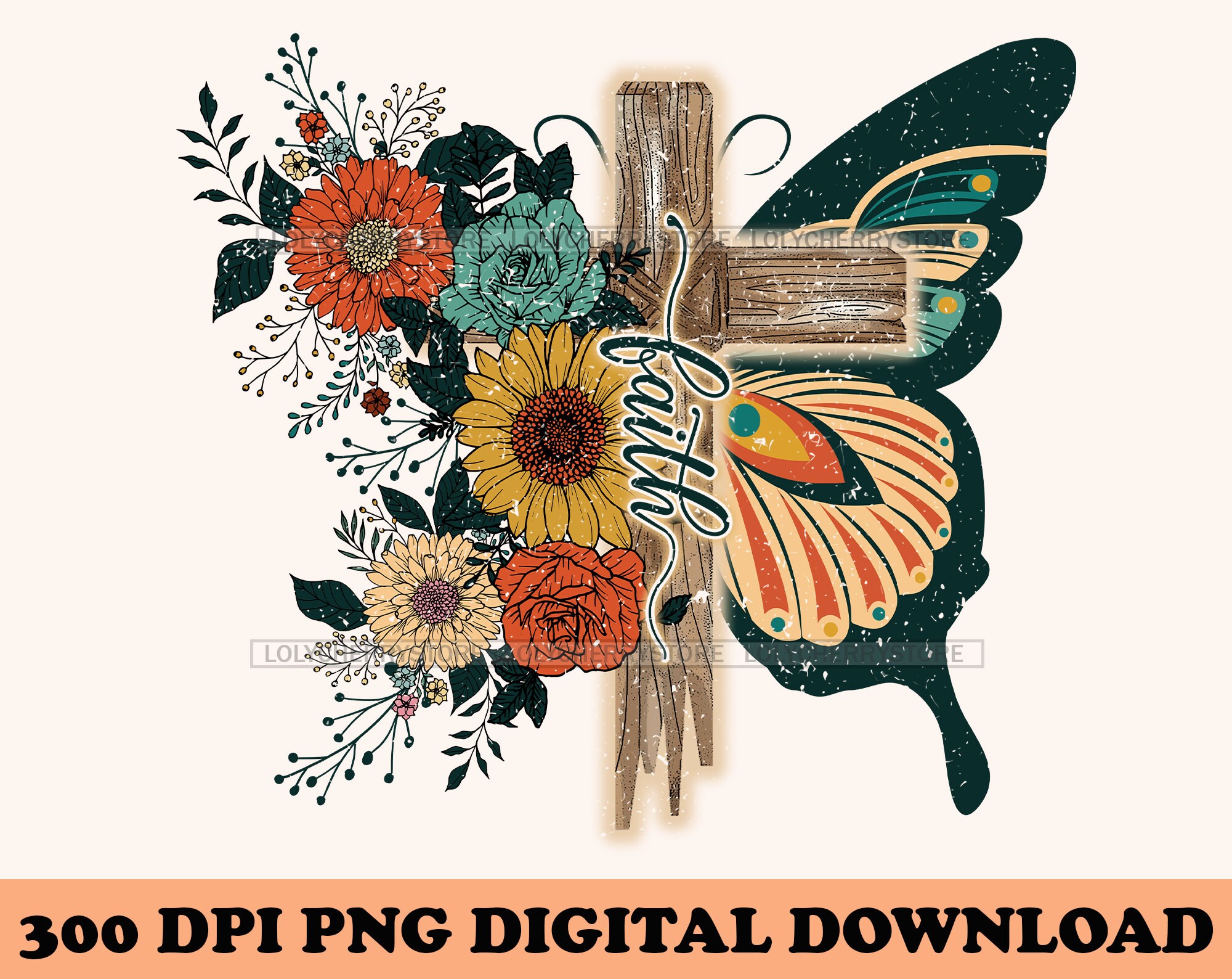 Butterfly Cross Faith Png Retro Butterfly and Flowers Png Etsy
