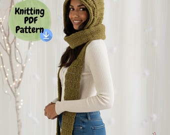 Cable Knit Hooded Scarf Knitting Pattern, Chunky Winter Shawl (PDF Pattern)