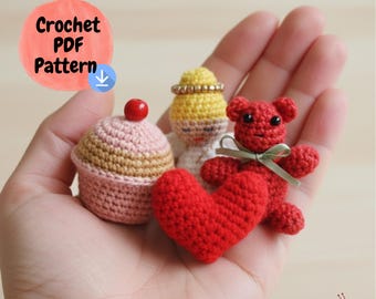 4 in 1 Valentines Crochet Pattern Bundle, Mini Amigurumi Heart, Angel, Bear, Cupcake, Tiny Crochet Pattern PDF, Valentines Gift Crochet