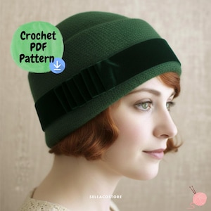 May include: A dark green cloche hat with a wide, dark green velvet band. The hat has a textured appearance and is worn by a person with red hair. Text on the image reads "Crochet PDF Pattern".
