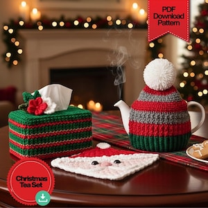 Christmas Crochet Pattern Bundle: Holiday Tea Cozy, Hot Pad, Tissue Box (PDF)