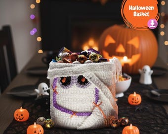 Mummy Amigurumi Basket Crochet Pattern, Halloween Candy Bag (PDF Pattern)
