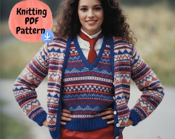 Vintage 80s Fair Isle Cardigan & Vest Knitting Pattern (PDF Download)