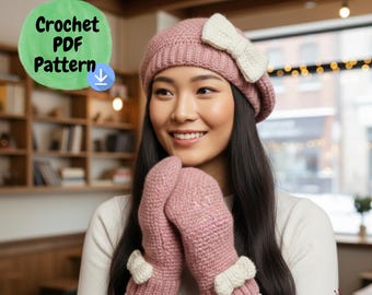 Bow Hat and Mittens Crochet Pattern – Chunky Winter Set (PDF)