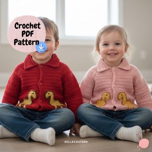 Patrón de crochet para cárdigan de dinosaurio para bebé: aplique de dinosaurio, 0-24 meses (patrón en PDF)