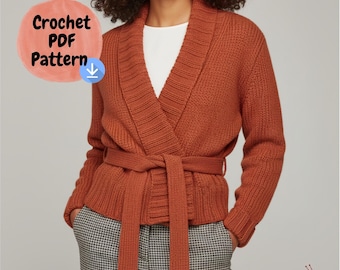 Chunky Knit Cardigan Pattern with Belt, Shawl Neck Women's Sweater, Alpaca Wool Blend Cardigan Tutorial, 70s Inspired Knitwear DIY