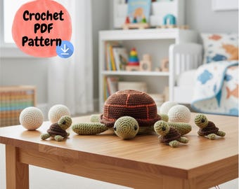 Crochet Turtle Pattern with Eggs and Babies, Amigurumi Mommy Turtle PDF, Interactive Educational Toy, Sea Turtle Pattern, Instant Download