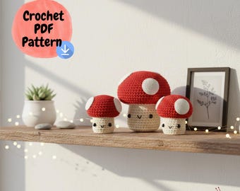Crochet Mushroom Pattern PDF, 3 Sizes Amigurumi Toadstool Tutorial, Kawaii Mushroom Decor, Montessori Sorting Toy Pattern, Beginner Friendly