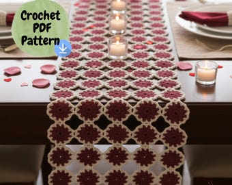 Crochet Table Runner Pattern PDF, Garnet Roses Floral Lace Motif,Vintage Style Table Topper Tutorial, Digital Download,Crochet Flower runner