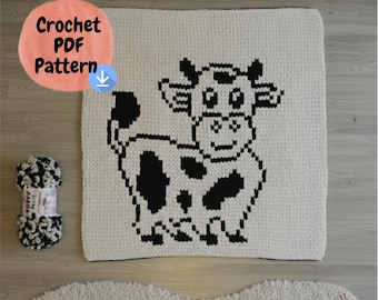 Cow Chunky Knit Baby Mosaic Blanket Pattern, Finger Knitting Boucle Pattern, Reversible Cow Nursery Decor